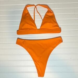 Orange Women 2 Piece Swimsuit Halter Bikini Set XL High Cut Thong Bottom Neon